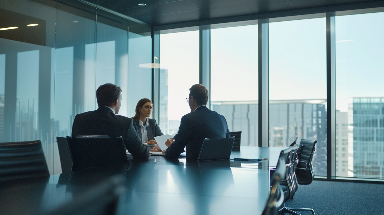 Führungskräfte diskutieren Recruiting-Strategie und Executive-Search-Prozess in einem modernen Konferenzraum.